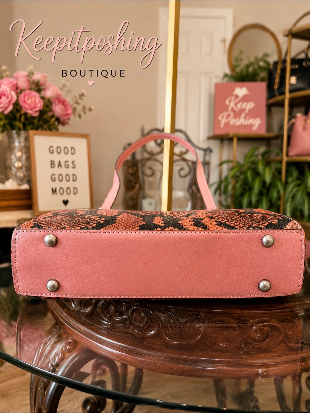 Patricia Nash Pink and Black Snakeskin-Print Top-Handle Satchel - Picture 3 of 5